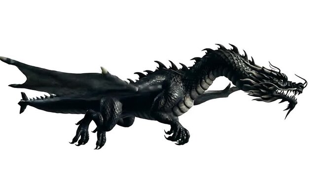 A 3D animation of a black Chinese dragon flying past the camera with 3D rendering animation on a white background