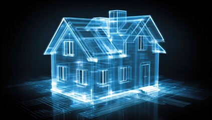 A digital blueprint of a house, showcasing its design in a vibrant blue light against a dark background.