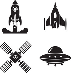 Space exploration icons set including rocket spaceship satellite and ufo in black and white