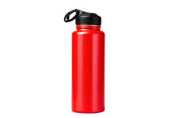 Red Metal Water Bottle with Black Cap on Transparent Background