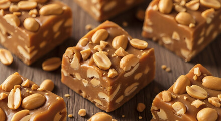 Close up of peanut butter fudge squares arranged on a wooden surface, sweet treat confectionery dessert