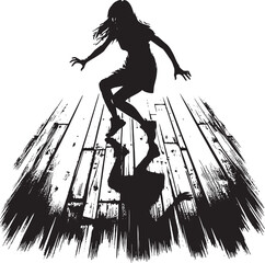 Fototapeta premium Silhouette of a Woman Leaping on a Wooden Surface with Dramatic Shadow Effect