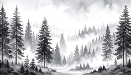 Fototapeta premium A misty, gray-scale forest scene, showcasing towering pines in a tranquil, atmospheric landscape.