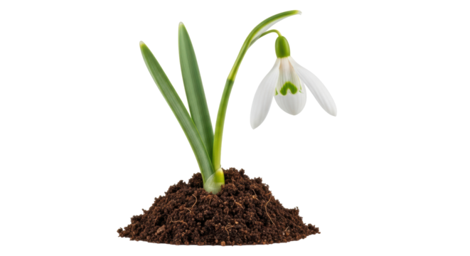 Isolated snowdrop flower in soil