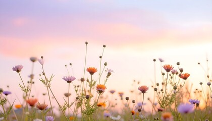 Fototapeta premium Pradera de flores silvestres con cielo rosado al atardecer