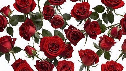 Fondo decorativo de rosas rojas con hojas verdes sobre blanco