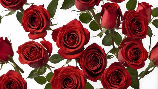 Rosas rojas con hojas verdes formando un patr&oacute;n decorativo sobre blanco
