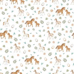 Seamless pattern with watercolor horses, horseshoes, and autumn leaves in a soft artistic style. Ideal for fabric, wallpaper, children’s design, and stationery.
