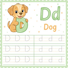 Letter D Tracing Worksheet Cute Dog Alphabet Printable for Kids