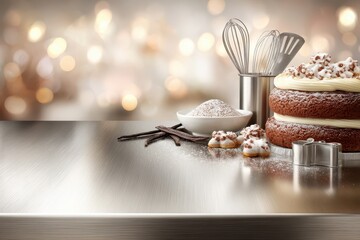 Homemade Decadent Chocolate Cake and Baking Essentials with Warm Bokeh Background