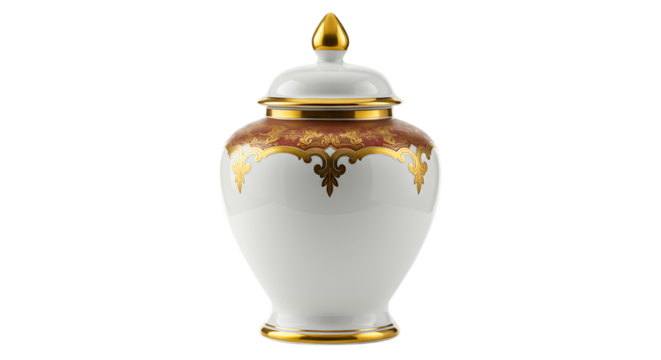 Elegant white porcelain urn with gold accents isolated on transparent background