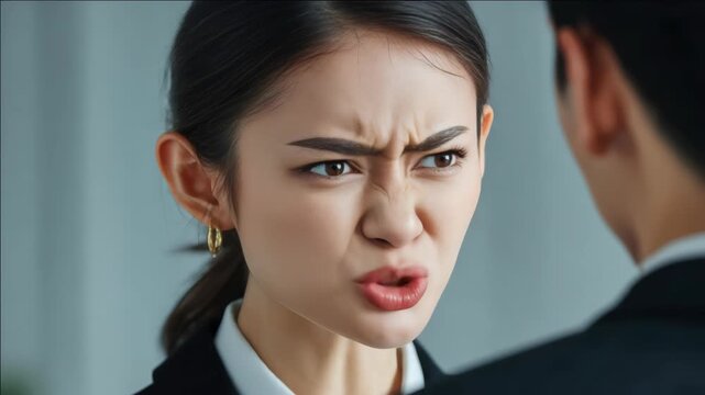 Young woman with fierce look, pointing finger, talking angrily to man in black suit