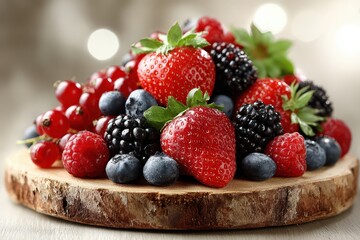 A beautiful assortment of vibrant fresh berries on a rustic wooden board.