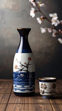 A decorative sake bottle and cup, adorned with traditional cherry blossom and wave patterns, sit on a dark wooden surface against a muted backdrop.