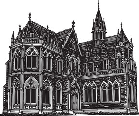 Fototapeta premium Detailed Gothic Architecture in Woodcut Style Black and White Il