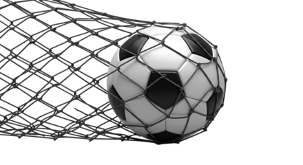 Soccer ball caught in net isolated on transparent background