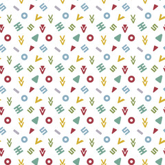 A cozy Scandinavian doodle pattern made of various small geometric elements. A seamless abstract background with shapes. A cute winter, festive print for wrapping paper, banners, and textiles.