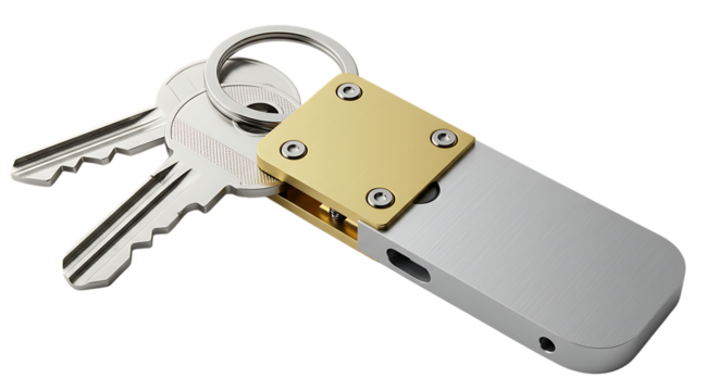 Silver usb drive with brass cap and keys isolated on transparent background