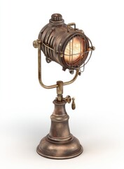 An antique-style, brass-toned table lamp with a vintage spotlight design evokes a warm, industrial ambiance.