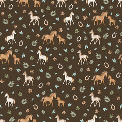 Seamless pattern with watercolor horses, horseshoes, and autumn leaves in a soft artistic style. Ideal for fabric, wallpaper, children’s design, and stationery.