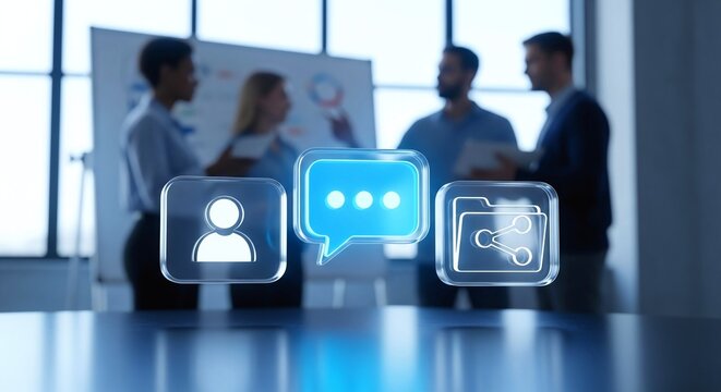 Virtual business icons with diverse team collaborating in office