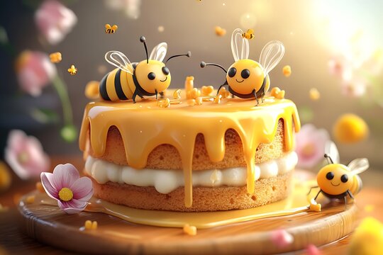 Cartoon honey cake with bee characters and honey drizzle smiles, sunny vibe - Powered by Adobe