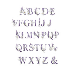 Alphabet letters decorated with flowers and lavender isolated on transparent background