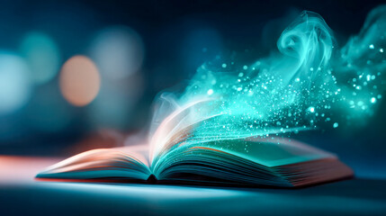 Open spell book releasing pink sparkling smoke and magical energy into the air against a blurred green background