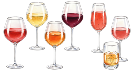 Collection of assorted alcoholic beverages in elegant glassware isolated on transparent background
