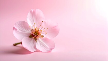 Fototapeta premium Flor de cerezo en primer plano sobre fondo rosa pastel minimalista