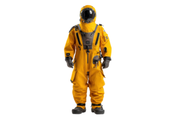Yellow Industrial Drysuit with Helmet on Transparent Background
