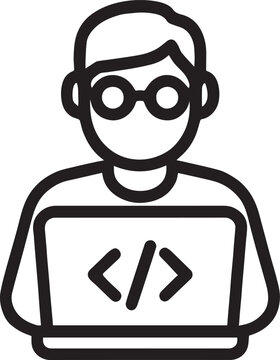 Student coding on laptop line vector icon