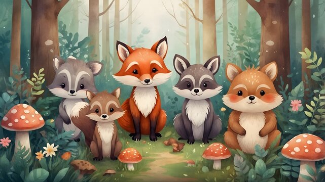 Ilustraci&oacute;n infantil de zorros y mapaches en bosque m&aacute;gico con setas