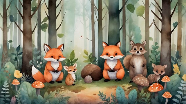 Ilustraci&oacute;n infantil de zorros y mapaches en bosque m&aacute;gico con setas