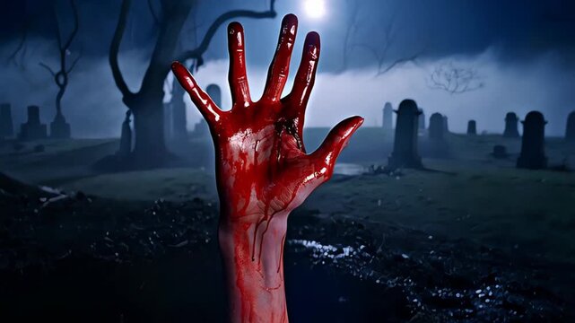 Bloody hand emerging from a grave in a cemetery under a gloomy sky, surrounded by tombstones and trees. Horrific atmosphere of horror