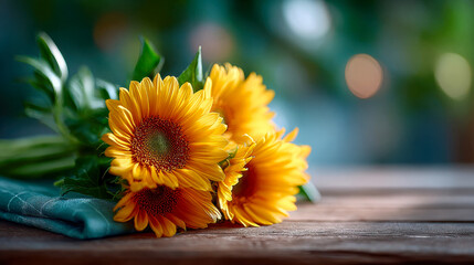 Fresh bouquet of sunflowers resting on a rustic wooden table with soft natural light