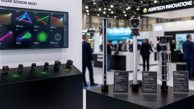 Comparative displays of lidar sensor patterns and autonomous tractor mast designs in a hightech agritech exhibition setting.