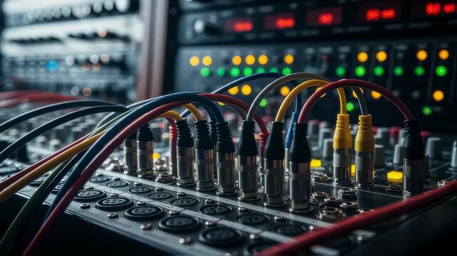 Highresolution image of patchbay connectors in action illustrating technical precision in signal flow management for music production.