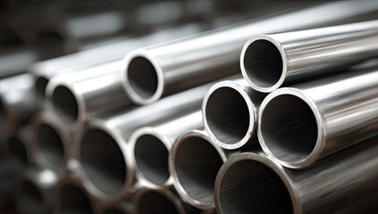 Stacked metal pipes in a close-up view, showcasing their smooth, polished surfaces.