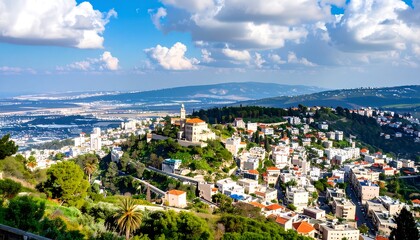 Obraz premium A vibrant cityscape nestled in a valley, showcasing sprawling residential buildings, lush green hills, and a clear sky dotted with fluffy clouds.