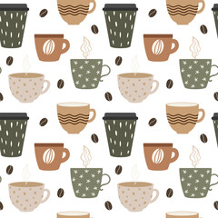 cute coffee mug boho seamless pattern with coffee beans on white background for cozy cafe decor and kitchen fabric design