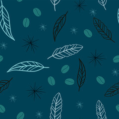 boho style seamless pattern with hand-drawn feathers coffee beans and stars on dark blue background for fabric design home decor and trendy wallpaper
