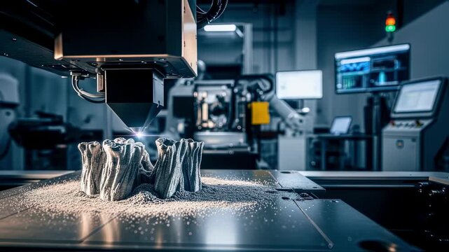 Industrial additivemanufacturing cell producing complex titanium bone implants using selective laser melting technology in a controlled environment.
