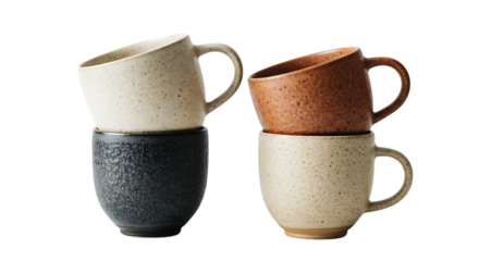 Two stacks of ceramic mugs isolated on transparent background