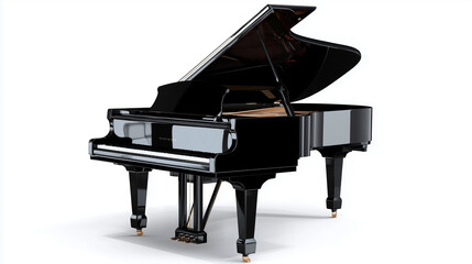 A shiny black grand piano with polished surfaces, isolated on a clean white background.
