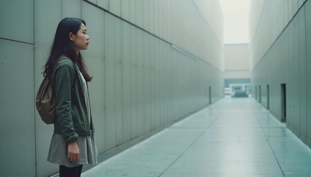 Young woman standing alone in narrow urban alleyway with backpack  