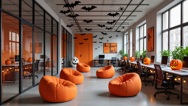 Modern office decorated for Halloween with pumpkins, bats, and orange beanbags, blending festive holiday vibes with a contemporary workspace atmosphere.