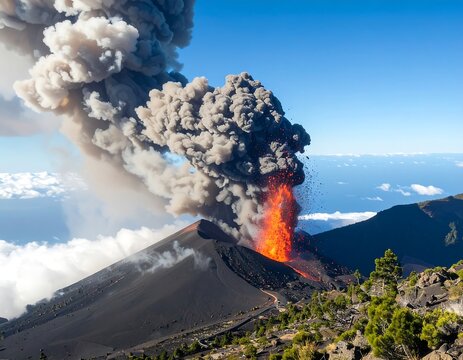 Powerful volcanic eruption spews lava and thick smoke into a clear blue sky, showcasing the raw power of nature.