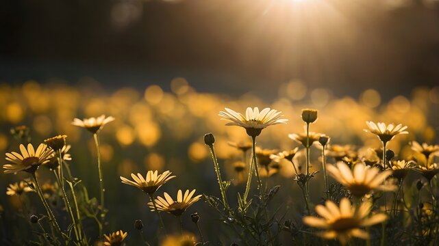 Campo de margaritas iluminadas por la luz c&aacute;lida del sol poniente en verano