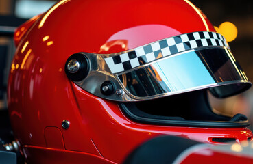 Naklejka premium Close-up of a red racing helmet with a checkered stripe and reflective visor